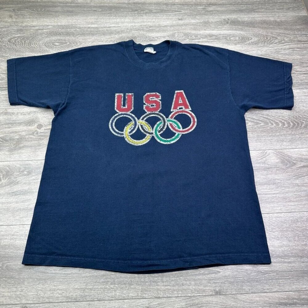 USA Olympic Rings Logo T Shirt Mens XL Blue 90s Atlanta Summer Olympics FOTL USA